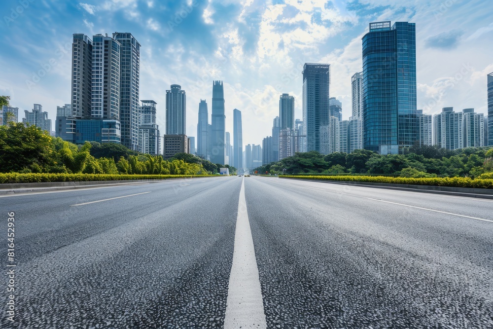 Town Road. Modern Asphalt Road Through City Skyline with Skyscrapers