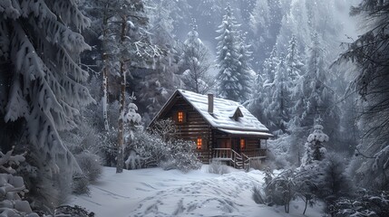 Sticker - A cozy cabin nestled in a snowy forest. The cabin is surrounded by snow-covered trees and a thick blanket of snow.