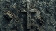 Artistic top view of a Christian cross in ash, highlighting themes of redemption and sacrifice in a serene, isolated setting