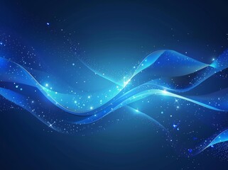 Wall Mural - Vector illustration of an abstract blue background featuring a luminous effect and glow. The design includes curved lines, white waves, sun rays, and bokeh, making it suitable for presentations
