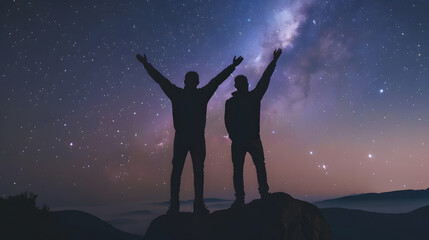 Poster - Silhouette of two young man standing open arms and watched the star milky way and night sky on top of the mountain They enjoyed traveling and was successful when he reached the summit : Generative AI
