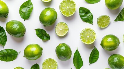 Poster - Fresh ripe limes and leaves arranged on a white surface top view