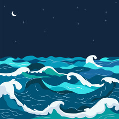 Wall Mural - Nature Background of Blue Sea Ocean Water Waves with Crescent at Night