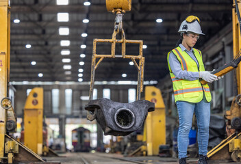 Wall Mural - Maintenance engineer uses machine to lift and replace locomotive parts, reducing carbon emissions.