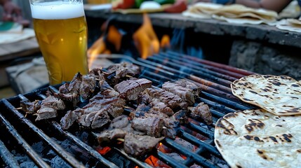 style beef on a charcoal grill as part of family and friends weekend reunion home made carne asda with tortillas and beer