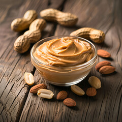 Wall Mural - Glass bowl with peanut butter on wooden background