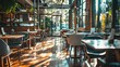 © Alexander - Wide angle shot of a fashionable brunch restaurant with glass wall and cool furniture modern design of cobblestone and wooden flooring