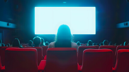 Aufkleber - Cinema blank screen and people in red chairs in the cinema hall Blurred People silhouettes watching movie performance : Generative AI