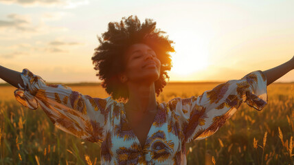 Wall Mural - A beautiful peaceful afro-haired woman with closed eyes stretches her arms enjoying the fresh air in a field at sunset