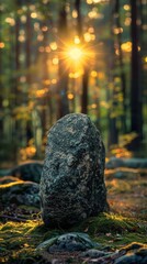 Wall Mural - Sunset majesty - lone boulder in forest