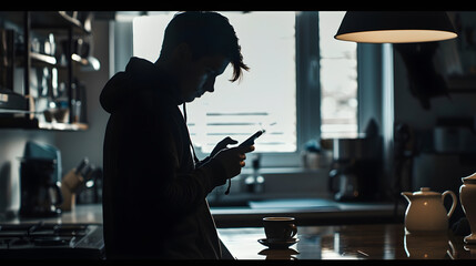 A man stands at a table with a phone in his hands a cup of coffee stands nearby A man types a message looks at photos videos The dark silhouette of a man in the living room : Generative AI