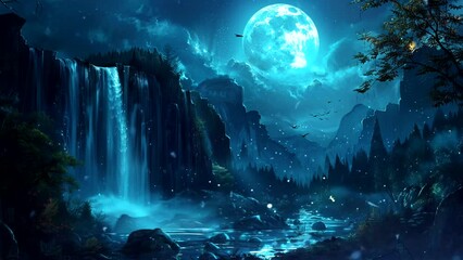 Wall Mural - Mountain Revelry: The Hypnotic Dance of a Waterfall Under the Nighttime Sky. Seamless looping time-lapse virtual 4k video animation background