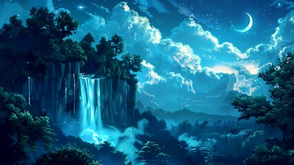 Wall Mural - Moonlit Cascade: The Enchanting Sight of a Waterfall Amidst the Mountainous Landscape. Seamless looping time-lapse virtual 4k video animation background