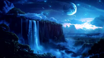 Wall Mural - Starlight Symphony: Mesmerizing Waterfall Flows Through the Majestic Mountains. Seamless looping time-lapse virtual 4k video animation background