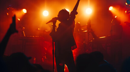Poster - Popular singer on stage in front of crowd on scene in night club Bright stage lighting Silhouette of a dancing person : Generative AI