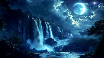 Wall Mural - Nocturnal Wonder: The Ethereal Beauty of a Waterfall in the Moonlit Mountains. Seamless looping time-lapse virtual 4k video animation background
