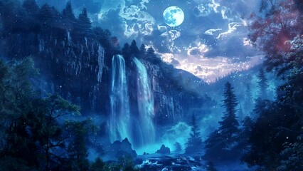 Wall Mural - Midnight Majesty: Captivating Waterfall Cascades in the Moonlit Mountains. Seamless looping time-lapse virtual 4k video animation background
