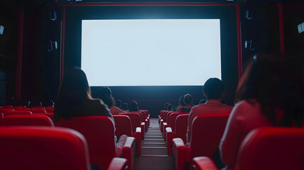 Aufkleber - Cinema blank wide screen and people in red chairs in the cinema hall Blurred People silhouettes watching movie performance : Generative AI