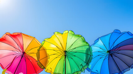 Colorful beach umbrellas against blue sky background, summer vacation concept. Rainbow color sun umbrella for shading from the sunshine