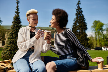 Wall Mural - A multicultural lesbian couple, stylishly dressed, sit and chat happily on a bench in a park on a sunny day.