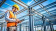 © No - Structural Engineer Inspecting Framework: Close-up of a structural engineer inspecting steel framework at a construction site.