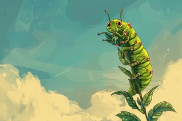 Wall Mural - Cartoon cute doodles of a determined caterpillar climbing a towering plant, inspiring fellow bugs with its perseverance, Generative AI