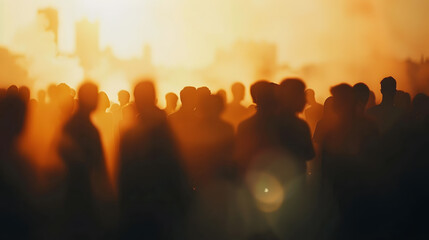 Silhouettes of a crowd standing at field behind the blurred foggy background Selective focus Revolution people protest against government Destroyed city on background : Generative AI