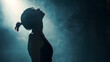 © Generative AI - Silhouette of beautiful girl standing in spotlight background Side view of young woman looking up in dark space Attractive female person moving hands in air indoors : Generative AI
