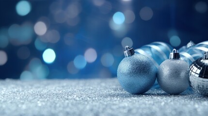 Sticker - festive atmosphere with Christmas decorations. There are blue ribbon presents, silver Christmas balls and a glowing backdrop.