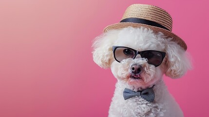 Wall Mural - cute bichon dog with style is looking aside and wearing cool sunglasses a hat and bowtie on colored background