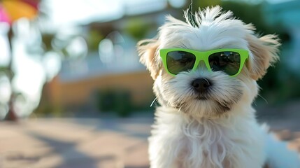 Wall Mural - Cute Maltese shitzu puppy wearing green sunglasses