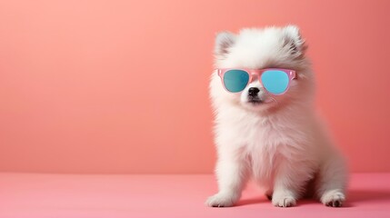 Wall Mural - Cute small white Pomeranian puppy in sunglasses on colored background