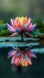 Rainbow lotus with vivid, multi-colored petals, standing out against a backdrop of green in a calm lake