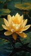 Sunlit yellow lotus flower up close, surrounded by lush green pads, serene water setting