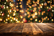 Rustic wood table in front of christmas light night