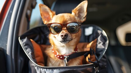 Wall Mural - Portrait of brown chihuahua dog wearing sunglasses standing in traveler pet carrier bag in car seat