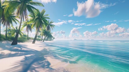 Sticker - The perfect summer day. A beautiful beach with white sand and crystal clear water. The palm trees are swaying in the gentle breeze.