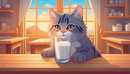 Wall Mural - White cat with stripes drinking milk at home. Anime look 
