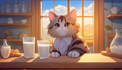Wall Mural - White cat with stripes drinking milk at home. Anime look 
