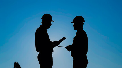 Poster - Silhouettes of an engineer with a tablet in his hands and a construction worker in a hard hat against the blue sky stand opposite each other : Generative AI