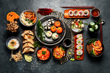 Wall Mural - Traditional Japanese food dishes served on the table.