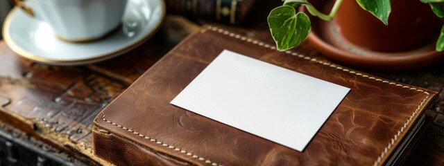 Wall Mural - A blank business card mock-up on a leather desk pad.