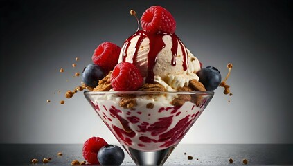 Wall Mural - Red fruit ice cream sundae. With spectacular touches of hazelnut pieces and red fruit coulis. Creative dynamic composition varies the angle. macro food photography, taken by an expensive, very high-te