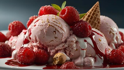 Wall Mural - Red fruit ice cream sundae. With spectacular touches of hazelnut pieces and red fruit coulis. Creative dynamic composition varies the angle. macro food photography, taken by an expensive, very high-te