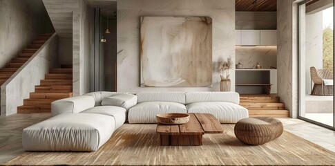 A living room with a white couch, a coffee table, and a painting on the wall