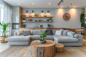 Poster - A living room with a large sectional couch, a coffee table, and a potted plant