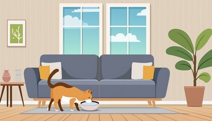 Wall Mural - Brown cat drinking milk out of a bowl in a living room. Vector look