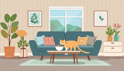 Wall Mural - Yellow cat drinking milk out of a bowl in a living room. Vector look