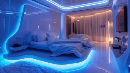 Sticker - Futuristic bedroom with dynamic lighting and modular furnitur 