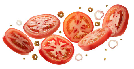 creative photo of thin tomato slices floating on a transparent background